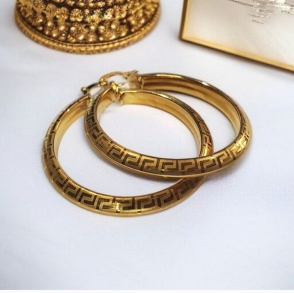 18k Gold Plated Luxury Greek Key Hoop Earrings - Picture 2 of 5